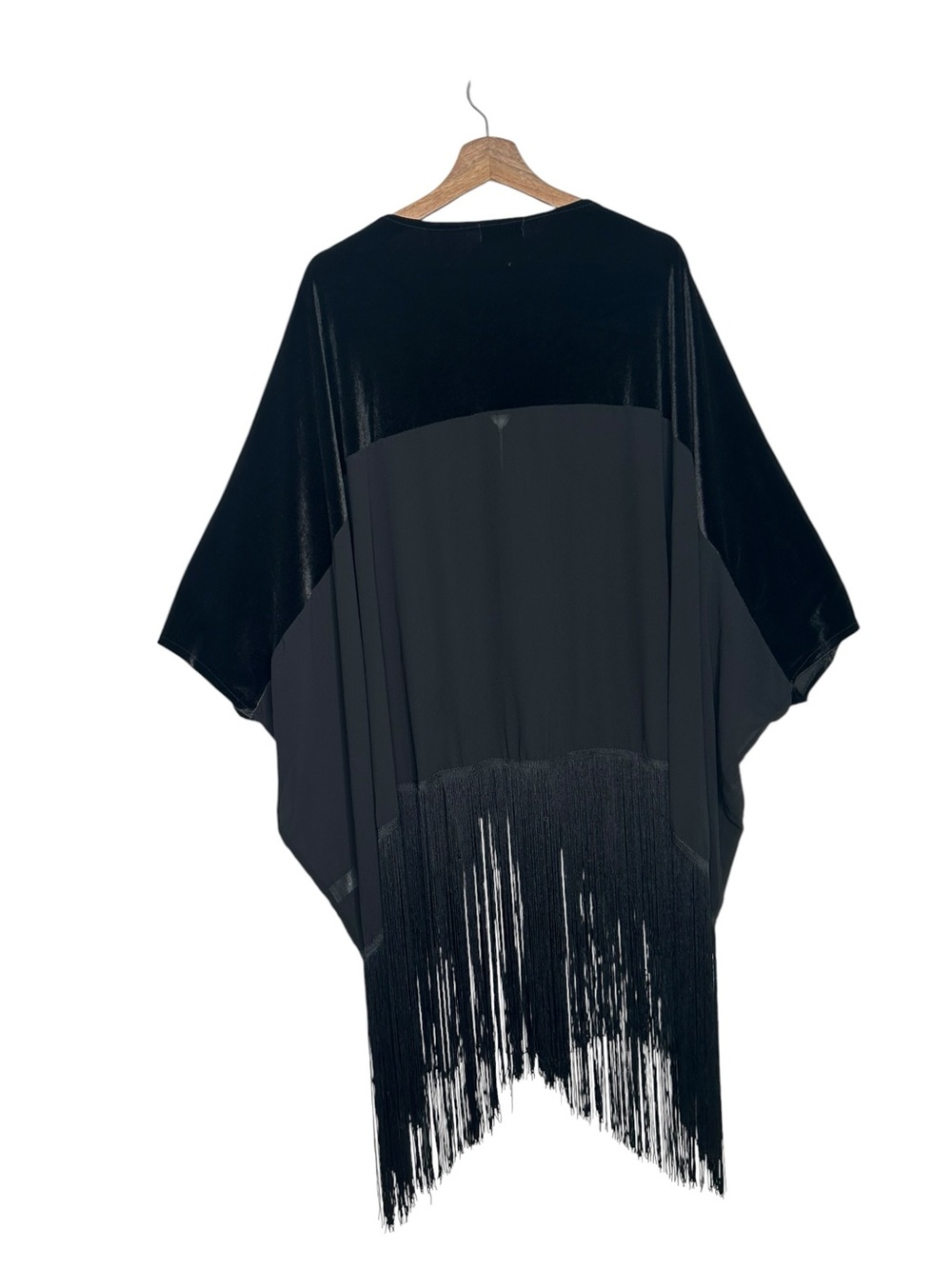 Vintage Free People Black Velvet & Sheer Fringe Poncho Kaftan Oversized One Size - Picture 9 of 10